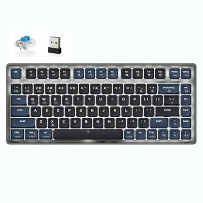 Image de ATTACK SHARK AK832 Clavier Mécanique, 75% Ultra Thin TKL de Jeu sans Fil 83 Keys, Support BT5.2/2.4G/USB C, 20 Backlit, Câble USB C Spiralé Compatible Apple Mac, iOS, Windows Commutateur Bleu