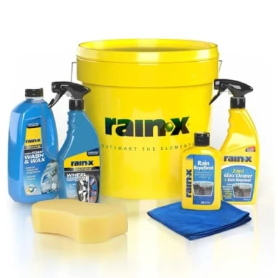 Image de Rain X Kit de Nettoyage Voiture, Shampoing Anti Pluie PArebrise, Nettoyant Pneus Voiture et Accessoires, Bleu