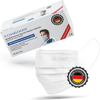Image de Masque chirurgical Charlemain 50x, Blanc, MADE IN GERMANY, EN 14683 type IIR, certifié CE, protection buccale et nasale médicale, BFE &gt; 99%, 3 plis, résistant aux éclaboussures, inodore, sans latex