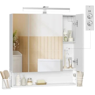 Image de VASAGLE Meuble de Salle Bain 3 Portes, Armoire Murale avec Miroir, Multiprise, Panier Suspendu, Support pour Sèche Cheveux, Bain, Lavabo, Blanc Nuage BBK126W01