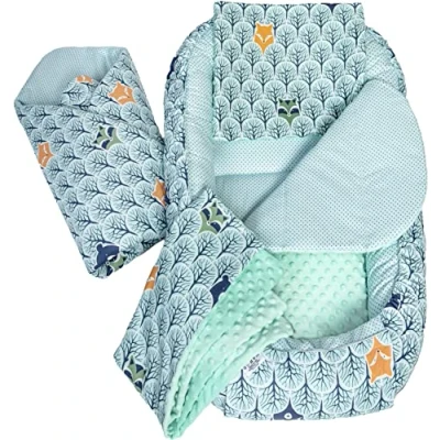 Image de Medi Partners 5 éléments Cocon de Bébé 100x60x15cm 100% Coton Baby Nest Reducteur lit Bébés Oreiller Couverture Insert Amovible (Forêt avec Minky)