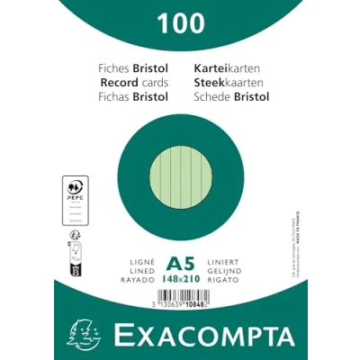 Image de Exacompta Réf. 10848SE Carton de 10 paquets 100 fiches bristol lignées non perforées sous film format 148 x 210 mm couleur vert