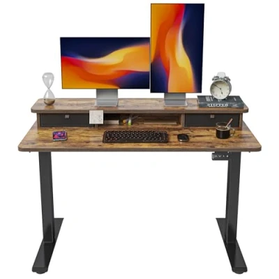 Image de FEZIBO Bureau Assis Debout Électrique 120*60 cm Table Réglable en Hauteur Acier avec Système Anti Collision, Support d&#039;écran, Panneau Contrôle à Fonctions Mémoires, Cadre Noir/Marron