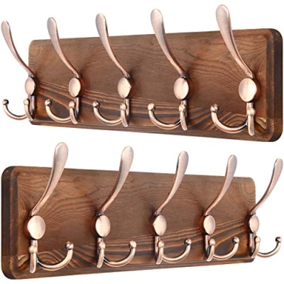 Image de SKOLOO Porte manteau Mural Bois Noir, Le Style Rustique, 44cm Longue,Grand avec 5 Crochets Triples Pour suspendre sac à dos, veste, chapeau(Paquet de 2)