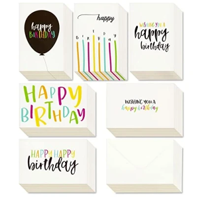 Image de Best Paper Greetings Lot de 48 cartes vœux « Happy Birthday » 6 manuscrites modernes, motifs colorés vierges à l&#039;intérieur, enveloppes incluses 10 x 15 cm