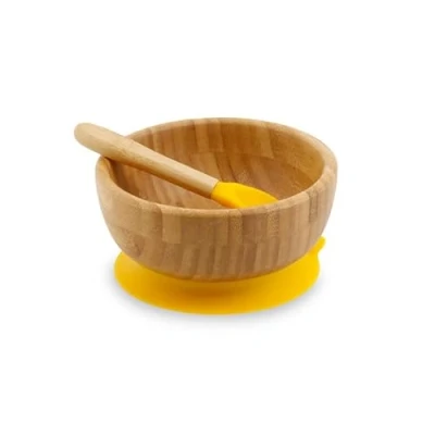 Image de BIOZOYG Ensemble de bols en bambou rond I bol ventouse avec cuillère certifié FSC jeu pour enfants à bouillie bébé &amp; céréales vaisselle jaune