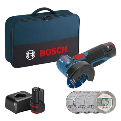 Image de Bosch Professional 12V System meuleuse angulaire sans fil GWS 76 (avec 2 batteries 2,0 Ah, set de 5 disques à tronçonner/ébarber, dans sacoche)