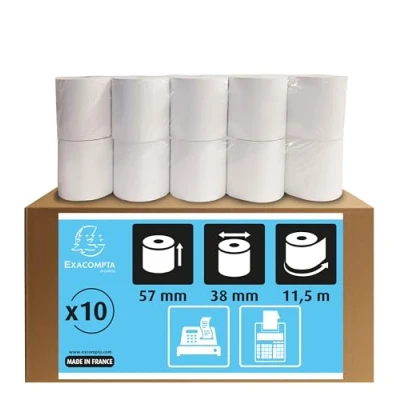 Image de Exacompta Réf. 5740120V Lot de 10 bobines pour machine à calculer et caisse largeur 57 mm x diamètre 38 mandrin 12 1 pli offset extra blanc 60g/m² Métrage (+ ou 2m) : 11,5 m
