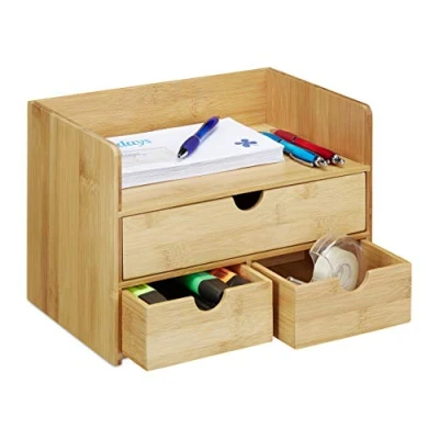 Image de Relaxdays Organiseur de bureau, Organisateur en bambou, compartiments, tiroirs, fournitures, HLP 21 x 30 20 cm, nature, Taille Unique