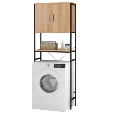 Image de EUGAD Meuble WC, Machine à Laver, Dessus Toilettes WC Rangement, Étagère Style Industriel, Bois d&#039;ingénierie+Métal, Noir+Chêne Clair, 64,5x27x170cm