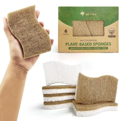 Image de Lot de 6 éponges cuisine naturelles en cellulose et noix coco, compatibles avec les assiettes, sans rayures, pour le lavage nettoyage, séchage rapide, odeur