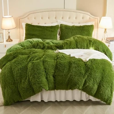 Image de EMME Parure de lit en flanelle douce avec housse couette 220 x 240 cm et 2 taies d&#039;oreiller 80 cm, pour shaggy peluche douce, turquoise