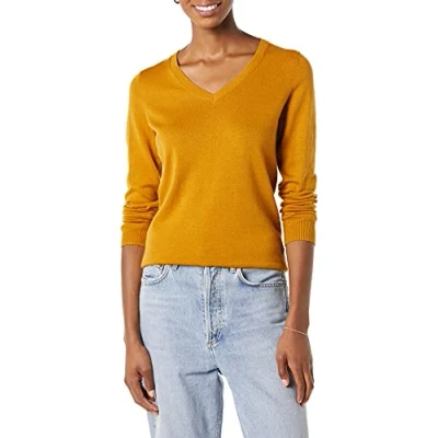 Image de Amazon Essentials Pull Col en v À Manches Longues Léger Coupe Classique (Grandes Tailles Disponibles) Femme, Jaune Foncé Doré, L