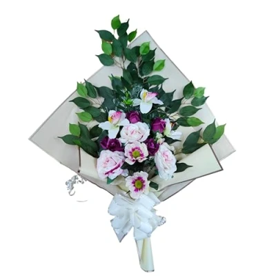 Image de DRW Bouquet de Fleurs artificielles pour cimetière à Mettre dans Un Pot, Vase ou sur Une Tombe 73 x 63 20 cm (Roses Roses et Violettes)