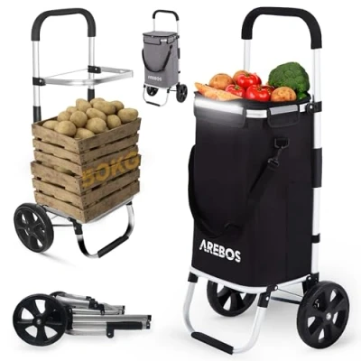 Image de AREBOS Chariot de courses 3 en 1 avec compartiment isotherme intégré 56L Sac pliable Poignée réglable roulettes pour escaliers Réflecteurs amovible