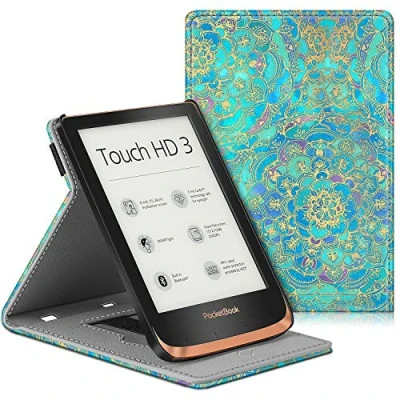 Image de FINTIE Étui pour Pocketbook Touch Lux 5/Touch HD 3/Touch 4 /Basic 2/Color 2020 Liseuse, Housse de Protection en Cuir PU avec Dragonne, Jade