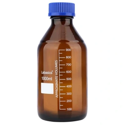 Image de Labasics Flacons de Stockage Réactifs, 1 Pack Ronds en Verre Ambré Gradués pour le Réactifs Laboratoire avec Bouchon à Vis Bleu, 1000 ml