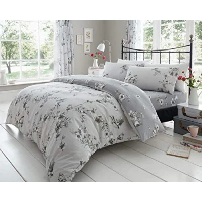 Image de Gaveno Cavailia Parure de lit Luxe avec Housse Couette et taie d&#039;oreiller en Polyester Coton Motif Fleurs Oiseaux Gris 2 Places (200 x 200cm)