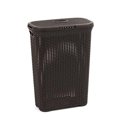 Image de CURVER Coffre à Linge Style 40L Bac Sale avec Couvercle Aspect Rotin Texturé, Bonne Aération Poignées Ergonomiques Pour Salle de Bain ou Buanderie 44,7 x 26,5 61,5 cm Chocolat