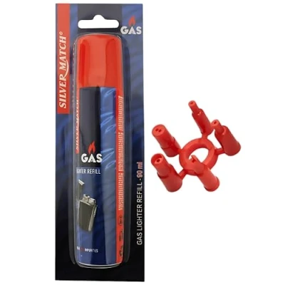 Image de SILVER MATCH Recharge de Gaz 90 ML pour Briquet et Chalumeau Cuisine, Blister, Butane Premium Pur, 5 Adaptateurs, Compatible Classique, Tempête, Chalumeau, Allume Tout, 40673312