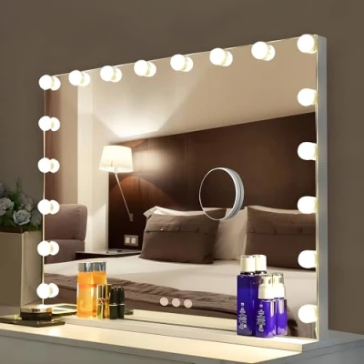 Image de Bayt Miroir Maquillage Hollywood Lumineux 80x60 cm, avec Grossissant 10x, LED 18 Lumières Dimmables, Coiffeuse 3 Modes, Blanc