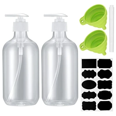 Image de 2 Pièces Flacons de Shampoing, 500 ML Distributeur Liquide avec Pompe Rechargeable, Bouteilles Vides pour Savons, Lotions, Huiles, Détergents, Autocollant