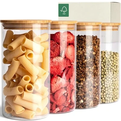 Image de KIVY Set Bocaux en verre Hermétique [4 x 1200 ml] avec Couvercles Bambou Durable Bocal Couvercle Conservation pates