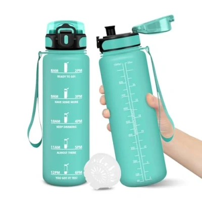 Image de Gourde, 1000ML Sans BPA, Gourde sport, Conception de Verrouillage Anti Fuite, Bouteille, Avec Horodatage, Bouteille Eau pour École, Yoga, En cours d&#039;exécution, Escalader Des Montagnes BleuVert