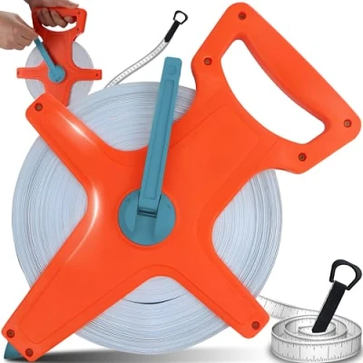 Image de Retoo mètre ruban de 50 m avec manivelle rabattable, échelle en pouces et mètre, plastique jaune poignée ergonomique, marqué des deux côtés, à mesurer rouleau