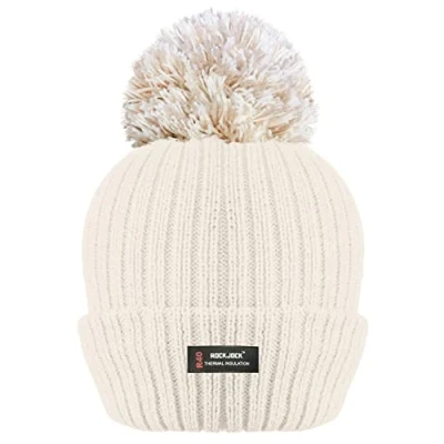 Image de Bonnet côtelé à Pompons d&#039;hiver pour Femme avec Isolation Thermique avancée R40 Taille Unique Crème