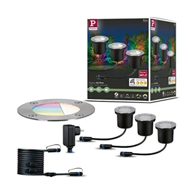 Image de Paulmann 94275 Plug &amp; Shine Lampe d&#039;extérieur LED Zigbee Encastrable RGBW Kit de démarrage avec 3 x 3,7 W à intensité variable IP65 en métal argenté 3000 K