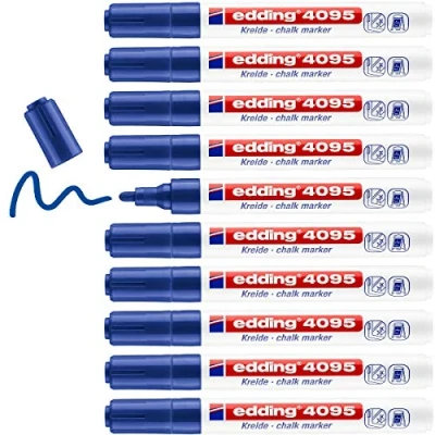 Image de edding 4095 Marqueur craie liquide bleu 10 feutres pointe ronde 2 3 mm feutre effacable pour écrire sur les vitres,le verre ardoise aux couleurs opaques