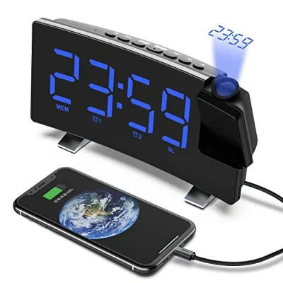 Image de VORRINC Radio Réveil à Projection, Projection Plafond 180, Horloge Numérique FM USB avec Double Alarmes, Snooze, Minuteur de Mise en Veille, 12/24h, Grand écran LED Gradateur (Blanc)