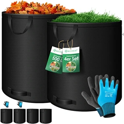 Image de KESSER® Sacs jardin 4x500L Set à feuilles Déchets +gants Autonome 4 poignées Stable Robuste Pliable Tontes gazon pour verts Noir