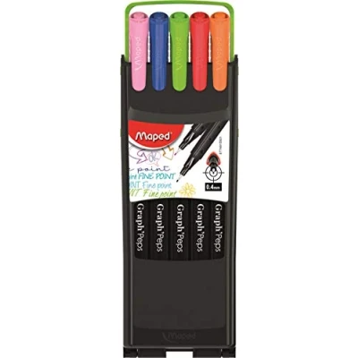 Image de Maped Feutres Graph&#039;Peps Stylos Pointe Fine 0,4 mm Douce et Résistante Confort d&#039;Écriture Dessin Boîte plastique réutilisable 12 couleurs éclatantes