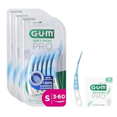 Image de Bâtonnets interdentaires GUM SOFT PICKS PRO forme incurvée pour un accès facile aux zones difficiles d&#039;accès action douce les gencives sensibles [S 3x60] (+1 bonus offert)