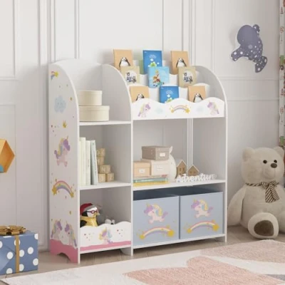 Image de [en.casa] Étagère Enfant avec Compartiments de Rangement Ouverts et 2 Boîtes Meuble Stockage Motif Licorne Panneau Particules Polyester 100 x 93 30 cm Blanc Gris