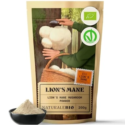 Image de NaturaleBio Hericium Poudre Bio 200g 100% Bio, Vegan, Sans Gluten Favorise la Fonction Cognitive, Santé Intestinale &amp; Immunitaire Riche en Composés Bioactifs Facile à Consommer