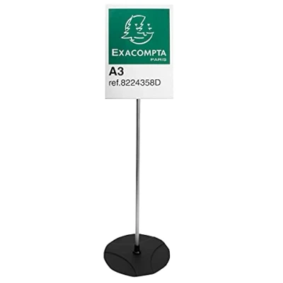 Image de Exacompta Réf. 8224358D 1 Présentoir sur pied PMMA/ALU A3 portrait Dimensions 330 x 1000 mm PMMA (acrylique) pour supports d&#039;accueil, information Couleur Noir/alu/cristal