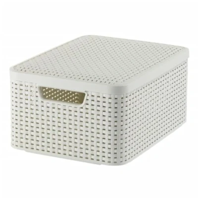Image de CURVER Boîte de Rangement Style 18L Aspect Rotin Texturé Pour Chambre, Salon, Salle Bain, Buanderie 39,7x29x18,7 cm Ivoire 70 % Recyclé