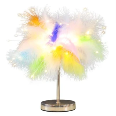 Image de DUNMW Mini lampe de chevet créative en plumes colorées avec perles LED feux d&#039;artifice, lumière table, veilleuse décorative pour chambre à coucher, salon