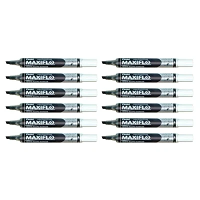 Image de Pentel Maxiflo Lot de 12 Marqueur Pointe fine biseautée Effaçable à l&#039;aide d&#039;un chiffon sec Noir