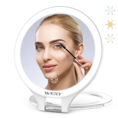 Image de WEILY Miroir Maquillage, 10X/1X Grossissant Lumineux, Double Face de Voyage, avec 3 Lumières Couleur, Contrôle Tactile, Rechargeable Portable pour Chambre (Blanc)