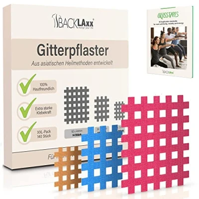 Image de BACKLAxx ® Cross Tape 140 pièces qualité premium Set de patch acupuncture en 3 tailles type a b c eBook complet GRATUIT avec 60 exemples d&#039;utilisation Crosstape d&#039;acupuncture pour taping