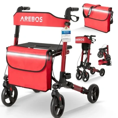 Image de Arebos Déambulateur Rouge 4 Roues Pliable/Rollator Assise et dossier/max. 136 kg Réglable en hauteur avec Sac à Provisions