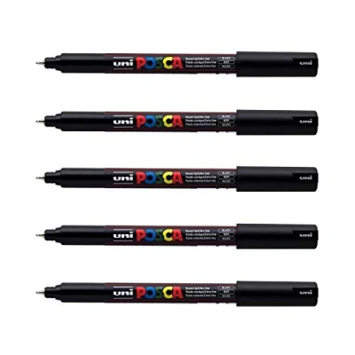 Image de POSCA Uni Mitsubishi Pencil 5 Marqueurs Noir PC1MR Pointe Extra Fine Calibrée 0,7 mm Marqueur Peinture À Base d&#039;Eau Tout Support Pour Papier, Textile, Verre, Galet, etc.
