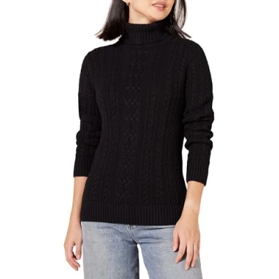 Image de Amazon Essentials Pull Col Roulé En Maille Torsadée Style Irlandais (Grandes Tailles Disponibles) Femme, Noir, XL Grande taille