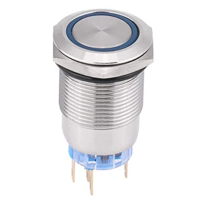 Image de Keenso Bouton autobloquant 19mm LED 12V étanche à l&#039;eau Inoxydable Interrupteur Poussoir Verrouillage on/Off 1NO1NC(Bleu) Etanche