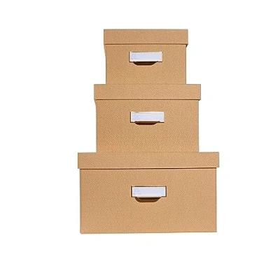 Image de EXACOMPTA Réf. 79602E Lot de 3 boîtes rangement gigogne Office By Me formats A4+/A5++ /A6++ en carton recyclé recouvert d&#039;un papier effet textile beige porte étiquette muni rebord