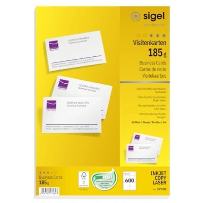 Image de SIGEL Dp930 600 Cartes de Visite Imprimables et Prédécoupées, 8,5 X 5,5 cm, 185G/M², Blanc